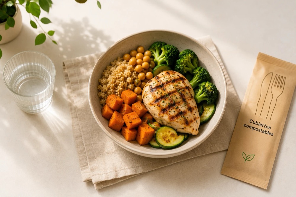 Bowl de pollo a la plancha con quinoa, garbanzos y verduras
